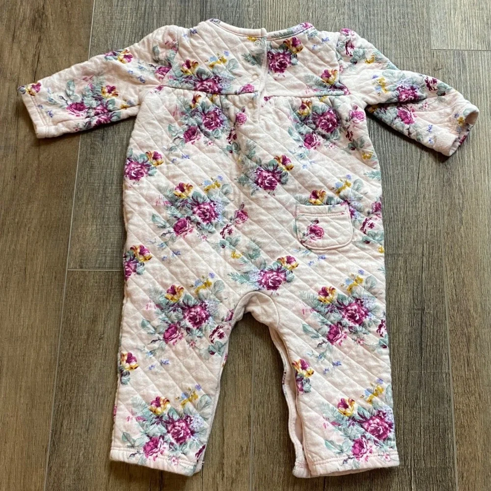 Janie and Jack Pink‎ Floral Quilted Romper One-Piece 3-6 Months Long Sleeve Bow